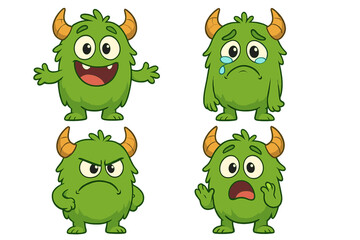 Fototapeta premium Cute green monster character set showing emotions. Vector cartoon illustration of a furry alien mascot with different facial expressions: happy, sad, angry, scared. Sticker pack.