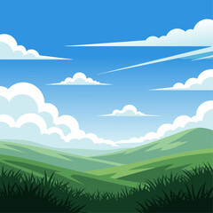 Fototapeta premium Vast Green Hills Under a Blue Sky with Fluffy White Clouds and Lush Grass in the Foreground