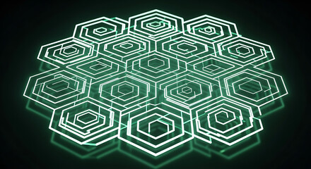 Abstract digital illustration of a glowing hexagonal grid with nested spiral patterns.