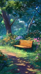 The park bench is located in the center of an open space surrounded by trees and flowers