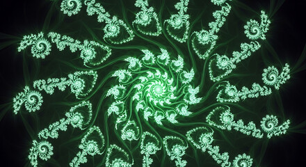 Green fractal spiral with intricate details and repeating patterns.