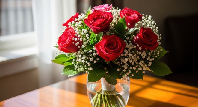 A Beautiful Bouquet of Red Roses and Baby's Breath in a Vase