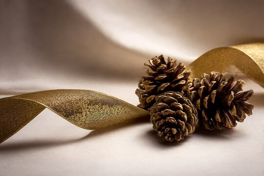 Three golden pine cones rest on a cream-colored fabric, with a swathe of gold ribbon curving elegantly around them.