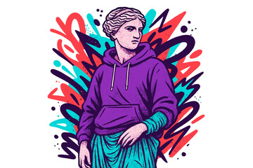 Urban street style vaporwave female Greek statue in halftone style with colorful graffiti abstract shapes and bold typo print, trendy pop art graphic sculpture vector design