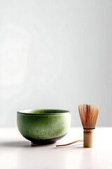 A vibrant green ceramic matcha bowl and bamboo whisk sit on a plain white surface, highlighting a serene and minimalist aesthetic.