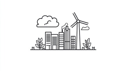 Obraz premium Urban skyline with wind turbine line art