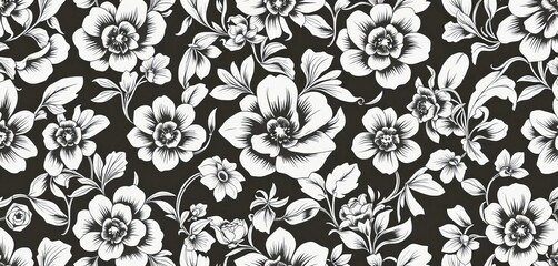 Obraz premium Elegant monochrome vintage floral wallpaper with a seamless repeating pattern, intricate details, print, wall