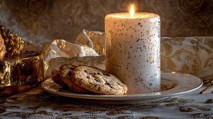A warm, golden-lit scene showcasing a speckled candle, alongside chocolate chip cookies, creates a festive and inviting mood.