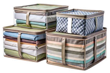 Stacked Fabric Storage Boxes with Folded Linens and Clothes containers organization isolated on a transparent background