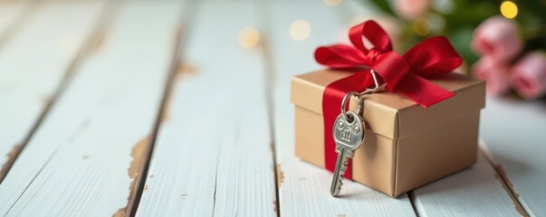 Charming keychain house, keys, red ribbon, gift box on white wood , property, christmas, real estate