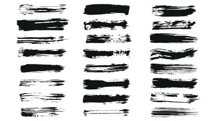 Collection of black brush stripes with scuffs on white background, grunge elements for design, set of black grunge hand drawn ink strokes, sloppy stripes drawn with thick dry brush with dust specks