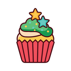 Three cupcakes with christmas decorations on top of them