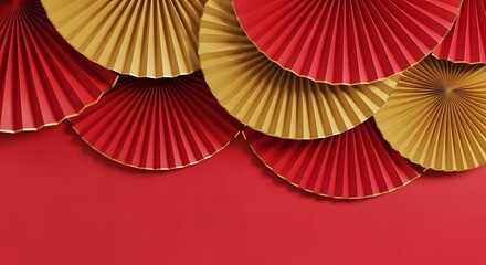 Red and gold paper fans arranged in a decorative pattern on red background