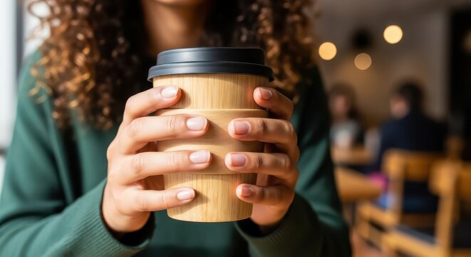 Young woman holding eco-friendly coffee cup in cafe during day  
