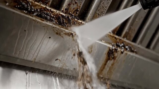 Cleaning Greasy Kitchen Hood in Restaurant With Power Washer, Removing Grease and Dirt