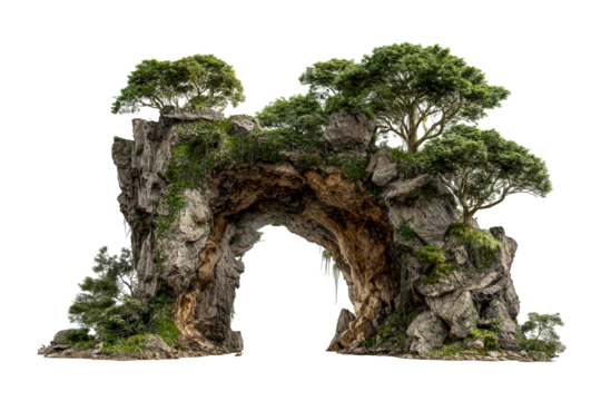 Ancient mossy rock archway with lush green trees and hanging vines isolated on transparent background