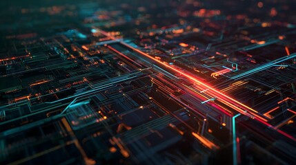 Detailed abstract circuit board with glowing data streams, conveying advanced technology and seamless digital connectivity
