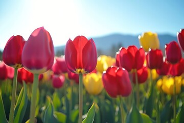 Fototapeta premium Colorful tulip field under blue sky