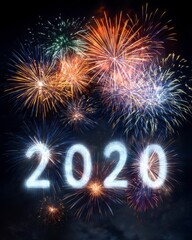 Colorful Fireworks Display Celebrating the Year 2020 at Night