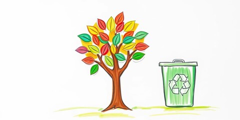 A child's drawing of a leafy tree and a recycling bin, protect, eco-friendly