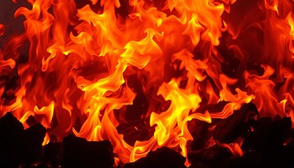 Fototapeta premium Fiery orange and yellow flames engulfing the frame, intense heat visible, glowing, yellow