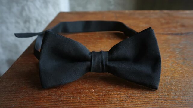 Black bow tie lying flat on a wooden table, captured in natural light, rustic background. Concept of formalwear and classic fashion