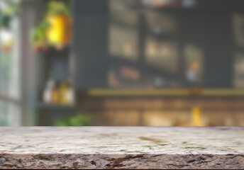 Empty marble top table with blurred kitchen interior Background. for product display.