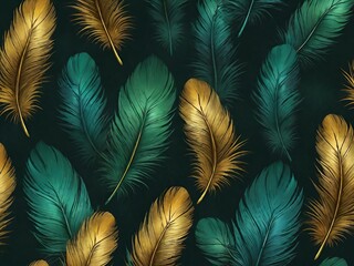 An elegant pattern of golden and teal feathers on a dark background.