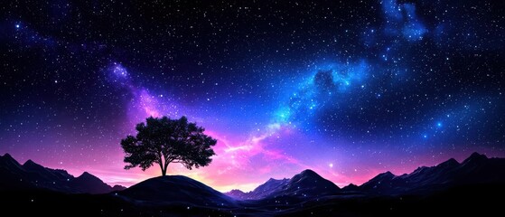 A mesmerizing landscape showcasing a vibrant night sky filled with stars and a silhouetted tree against colorful cosmic hues.