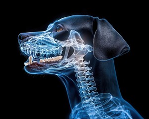 Detailed X-ray image of a dog's skull and spine, showcasing the anatomy and structure of canine bones.