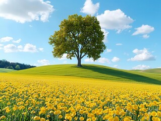 A vibrant landscape featuring a single tree amidst a sea of yellow flowers under a bright blue sky with fluffy clouds.