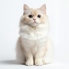 A fluffy cat with pale fur, sitting elegantly against a bright background, showcasing its adorable features and captivating gaze.