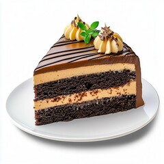 Delicious chocolate cake slice with creamy layers and decorative toppings, served on a white plate, perfect for dessert lovers.