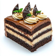 Delicious chocolate cake slice with creamy layers, topped with chocolate curls and fresh mint, perfect for dessert lovers.