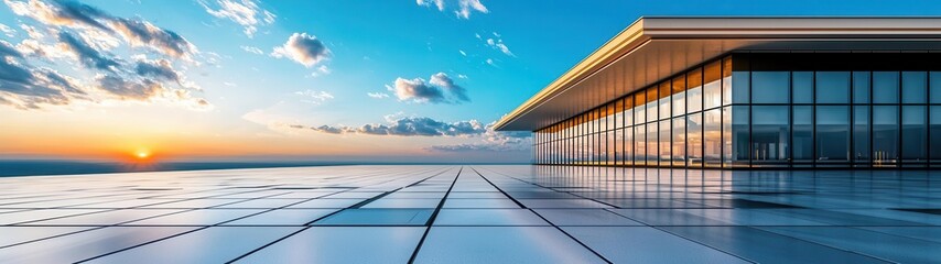 Modern architectural design featuring a sleek building against a vibrant sunset sky with reflections on a polished surface.