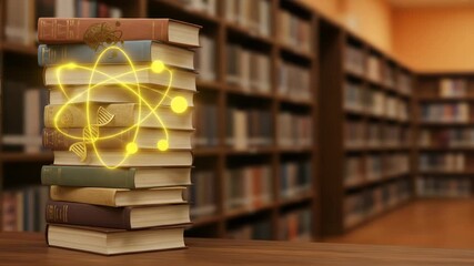 A stack of books with a glowing atomic symbol in a cozy library setting