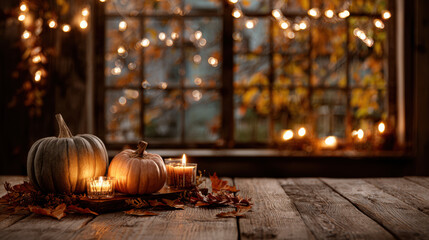 Obraz premium Cozy autumn scene featuring pumpkins and candles on wooden table, illuminated by warm fairy lights. ambiance evokes festive Halloween spirit, perfect for seasonal decor