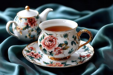 Elegant tea set featuring a floral teacup and teapot on a luxurious silk background, perfect for tea lovers and gatherings.