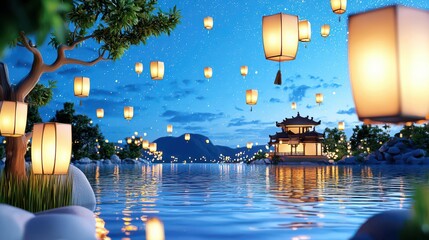 Serene night scene with floating lanterns over calm water and traditional architecture, creating a magical atmosphere.