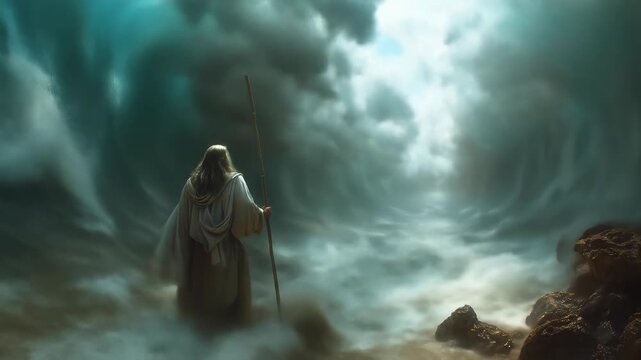 Moses sea miracle: prophet commands liquid border, divine power, sacred shift, eternal story, spiritual energy, biblical force, cosmic divide, holy wonder, script tale, heavenly intent