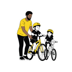 Fototapeta premium Vector art of father teaching children to ride bicycles