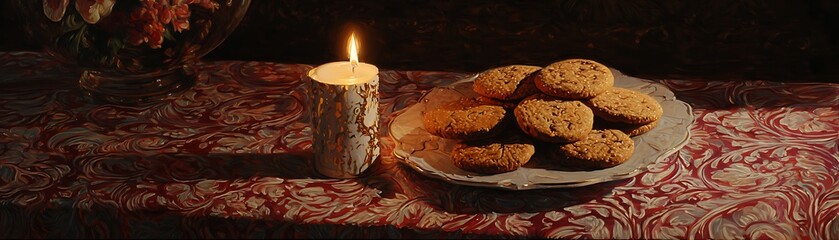 Fototapeta premium A still life composition featuring a lit candle, a decorative plate of cookies, and a rich patterned tablecloth, bathed in warm, inviting light.