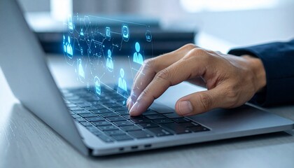 Close-up of a hand typing on a laptop keyboard with digital interface icons rising from the screen in a modern workspace.