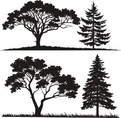 Bare black branches of lonely winter trees and silhouettes of a forest with a single oak are illustrated in this vector landscape design.