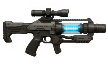 Futuristic plasma rifle with scope on transparent background
