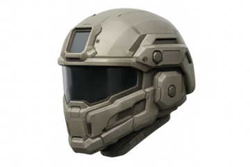 Futuristic combat helmet for soldier protection on transparent background