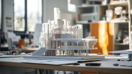 3D printer in action producing a complex architectural model in a design studio