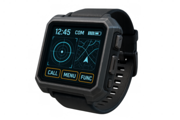 Futuristic smartwatch showing gps map and radar screen, offering advanced navigation