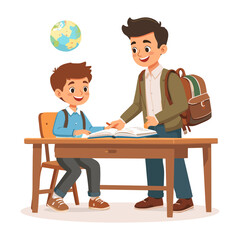 Obraz premium Boy sitting at desk being helped by a man with a backpack.