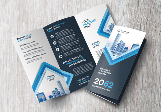 Corporate brochure design template &ndash; Professional modern tri-fold leaflet with geometric layout and business theme in Blue and Black
